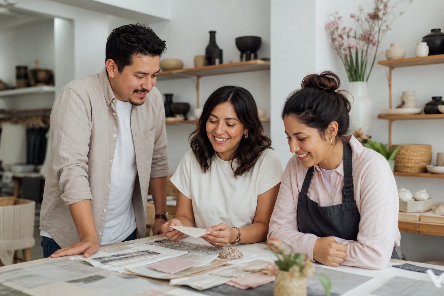 Equipo de una pequeña empresa colaborando en su espacio de trabajo